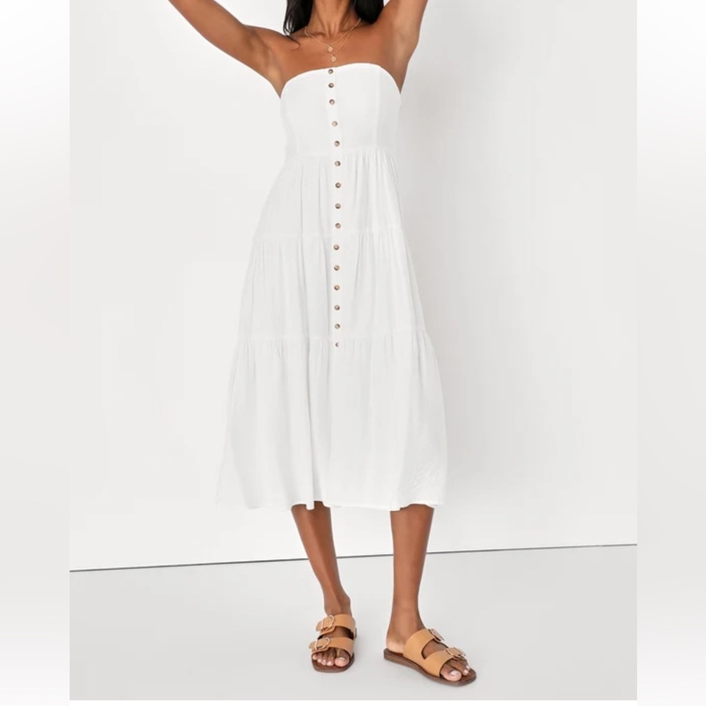 NWT Lulus Sweetness and Sunshine White Strapless MidiDress With Pockets‎ Size XS
